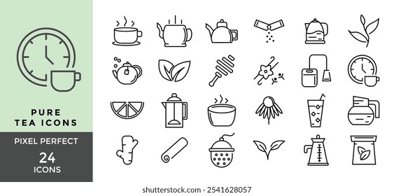 Pure Tea Icon Set, Energetic and Relaxing Vibe Tea Lover Simple and Minimal Vector Outline Icons