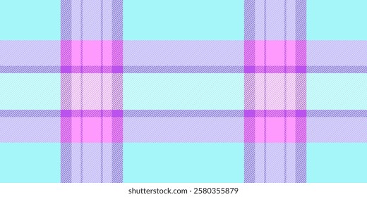 Pure texture plaid pattern, linear tartan textile fabric. Valentine check vector background seamless in purple and cyan colors palette.