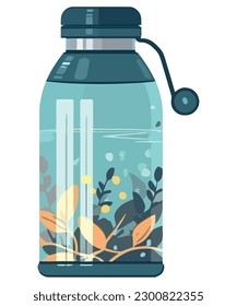 Pure water bottle with leaves over white