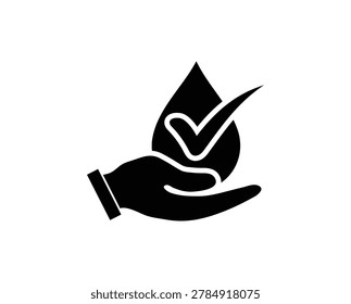 Pure Water Check Mark Icon with Hand Holding Water Drop Silhouette for Safe Drinking Water, Resource Conservation, Environmental Protection, and Hygiene Quality Control Flat Vector Illustration