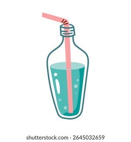 Pure water drink icon in flat style. Glass bottle and drinking glass vector illustration on isolated background. Water beverage sign business concept. Hand drawn cartoon style isolate on white .