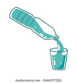 Pure water drink icon in flat style. Glass bottle and drinking glass vector illustration on isolated background. Water beverage sign business concept. Hand drawn cartoon style isolate on white .