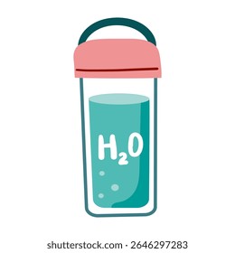 Pure water drink icon in flat style. Glass bottle and drinking glass vector illustration on isolated background. Water beverage sign business concept. Hand drawn cartoon style isolate on white .