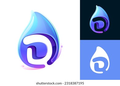 Logo de la letra D de la gota de agua pura. Icono realista 3D ecológico. Onda salvaje inicial en el estilo de acuarela superpuesta. Beba la gota para el emblema del frasco de bebida saludable. Tipo de letra para etiquetas de filtro, afiches de naturaleza.