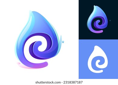 Pure water drop E letter logo. Eco-friendly 3D realistic icon. Wild wave initial in overlapping watercolor style. Dew droplet for healthy drink bottle emblem. Font for filter labels, nature posters.