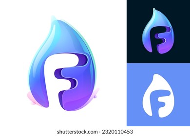 Agua pura gota logotipo de la letra F. Icono realista 3D ecológico. Onda salvaje inicial en el estilo de acuarela superpuesta. Beba la gota para el emblema del frasco de bebida saludable. Tipo de letra para etiquetas de filtro, afiches de naturaleza.