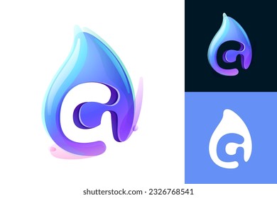 Pure water drop G letter logo. Eco-friendly 3D realistic icon. Wild wave initial in overlapping watercolor style. Dew droplet for healthy drink bottle emblem. Font for filter labels, nature posters.