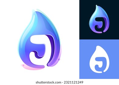 Pure water drop J letter logo. Eco-friendly 3D realistic icon. Wild wave initial in overlapping watercolor style. Dew droplet for healthy drink bottle emblem. Font for filter labels, nature posters.