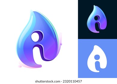 Pure water drop I letter logo. Eco-friendly 3D realistic icon. Wild wave initial in overlapping watercolor style. Dew droplet for healthy drink bottle emblem. Font for filter labels, nature posters.