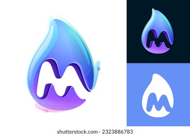Pure water drop M letter logo. Eco-friendly 3D realistic icon. Wild wave initial in overlapping watercolor style. Dew droplet for healthy drink bottle emblem. Font for filter labels, nature posters.