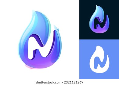 Pure water drop N letter logo. Eco-friendly 3D realistic icon. Wild wave initial in overlapping watercolor style. Dew droplet for healthy drink bottle emblem. Font for filter labels, nature posters.