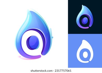 Pure water drop O letter logo. Eco-friendly 3D realistic icon. Wild wave initial in overlapping watercolor style. Dew droplet for healthy drink bottle emblem. Font for filter labels, nature posters.