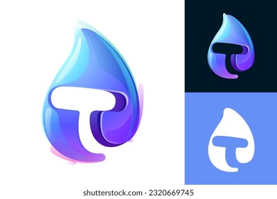 Pure water drop T letter logo. Eco-friendly 3D realistic icon. Wild wave initial in overlapping watercolor style. Dew droplet for healthy drink bottle emblem. Font for filter labels, nature posters.