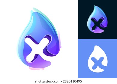 Pure water drop X letter logo. Eco-friendly 3D realistic icon. Wild wave initial in overlapping watercolor style. Dew droplet for healthy drink bottle emblem. Font for filter labels, nature posters.