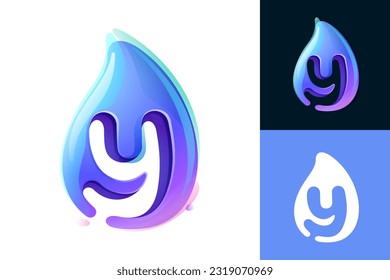 Pure water drop Y letter logo. Eco-friendly 3D realistic icon. Wild wave initial in overlapping watercolor style. Dew droplet for healthy drink bottle emblem. Font for filter labels, nature posters.