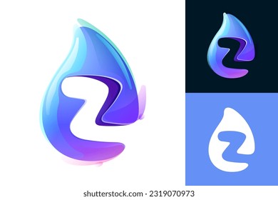 Logo de la letra Z de agua pura. Icono realista 3D ecológico. Onda salvaje inicial en el estilo de acuarela superpuesta. Beba la gota para el emblema del frasco de bebida saludable. Tipo de letra para etiquetas de filtro, afiches de naturaleza.