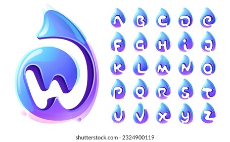 Pure water drops alphabet set. Eco-friendly 3D realistic icons. Wild wave initials in overlapping watercolor style. Dew droplets for healthy drink bottle emblem. Font for filter labels, nature posters