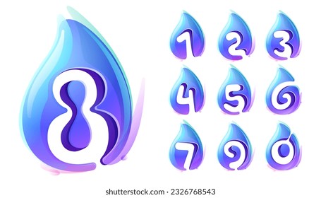 Pure water drops numbers set. Eco-friendly 3D realistic icons. Wild wave initials in overlapping watercolor style. Dew droplets for healthy drink bottle emblem. Font for filter labels, nature posters.