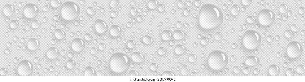 El agua pura cae sobre un fondo transparente. Condensación de niebla o vapor en ducha, superficie de vidrio húmedo con gotitas acuáticas puras de rocío o lluvia, ilustración vectorial realista