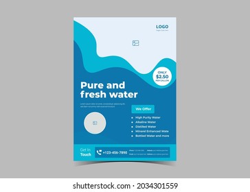 Pure Water Flyer Design Template. Drink Pure Water Poster Leaflet Design. Clean Water Supply Flyer Template.
