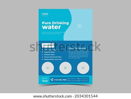 Pure water flyer design template. Drink pure water poster leaflet design. Clean water supply flyer template.
