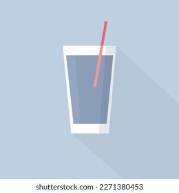 Pure water in a glass with a straw on a blue background, simplified vector illustration in flat and vintage style