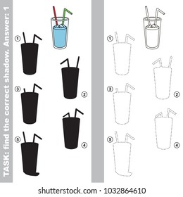 Pure Water Glss to find the correct shadow, the matching educational kid game to compare and connect objects and their true shadows, simple gaming level for preschool kids.