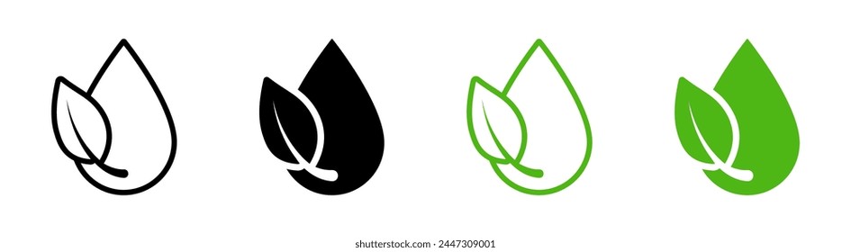 Icono de agua pura. Símbolo de Vector de aceite virgen. Pictograma de hoja fresca. Logotipo de SPA. No hay signos de colores ni sabores artificiales. Icono de producto orgánico. Ilustración ecológica natural aislada.