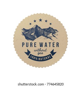 Pure water label template with hand drawn mountains in vintage style