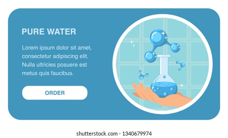 Pure Water Landing Page Template with Text Space. Hand Holding Glass Bottle Vector Web Banner. Flask with Pure Liquid with Bubbles. Models of Water Molecules. Blue Shiny Atoms. Sparkling Spheres
