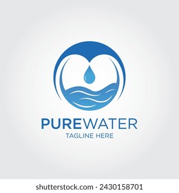 Pure Water Logo Design With Water Drop And Water Wave. Premium Pure water abstract sign. 