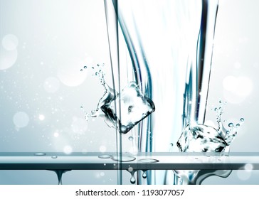 Pure water pouring down from top with ice cubes in 3d illustration, glittering background