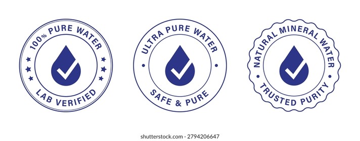 Pure Water Quality Certification Badge Collection Mineral Water Verification Labels Vector Set