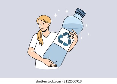 Pure water and recycling concept. Young positive blonde woman standing and holding huge bottle of pure drinking water with recycling ecology sign vector illustration 