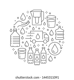 Pure water vector circle banner with flat line icons. Aqua filter, potable liquid, glass, office cooler vector illustrations. Thin signs for bottle delivery.