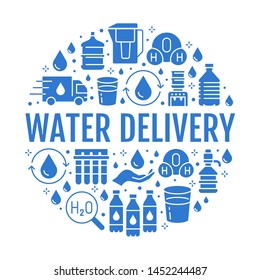 Pure water vector circle banner with flat glyph icons. Aqua filter, potable liquid, glass, office cooler vector illustrations. Silhouette signs for bottle delivery.