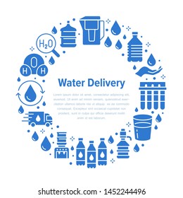 Pure water vector circle banner with flat glyph icons. Aqua filter, potable liquid, glass, office cooler vector illustrations. Silhouette signs for bottle delivery.