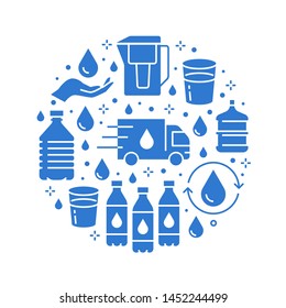 Pure water vector circle banner with flat glyph icons. Aqua filter, potable liquid, glass, office cooler vector illustrations. Silhouette signs for bottle delivery. Pure water vector circle banner with flat glyph icons. Aqua filter, potable liquid, glass, office cooler vector illustrations. Silhouette signs for bottle delivery.