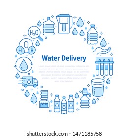 Pure water vector circle banner with flat line icons. Aqua filter, potable liquid, glass, office cooler vector illustrations. Thin signs for bottle delivery. Blue color.