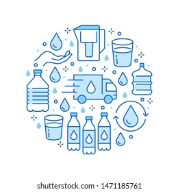Pure water vector circle banner with flat line icons. Aqua filter, potable liquid, glass, office cooler vector illustrations. Thin signs for bottle delivery. Blue color.