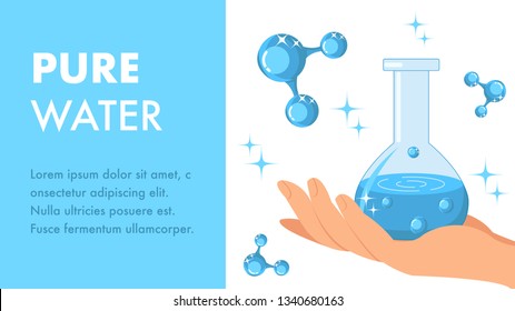 Pure Water Web Banner Template with Text Space. Hand Holding Glass Bottle. Flask with Pure Liquid with Bubbles Flat Illustration. Molecules of Water Models. Blue Shiny Atoms. Sparkling Spheres