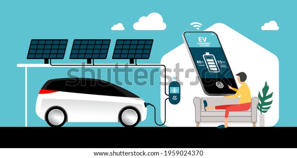 pure white battery electric vehicle (BEV) and\
solar-powered charging system at home, man holding smartphone with\
EV charging system app that shows charging process, smart\
technology, green\
concept.