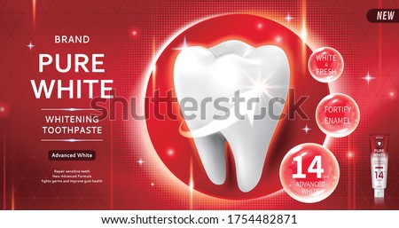 Pure white toothpaste ads with giant clean tooth over red halftone background in 3d illustration