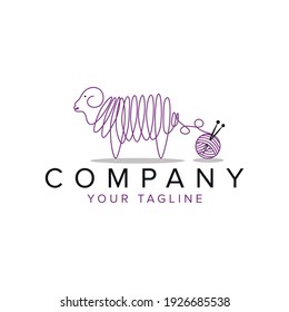 Pure wool logo design with sheep, knitting logo. Ball of yarn with needles. one line logo, icon design template illustration