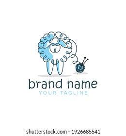 Pure wool logo design with sheep, knitting logo. Ball of yarn with needles. one line logo, icon design template illustration