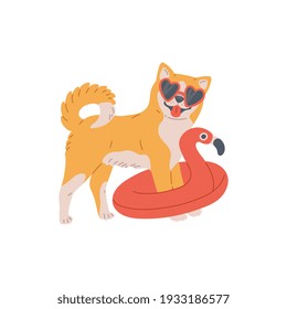 Purebred akita inu dog with sunglasses and inflatable circle. Cute funny pet, large shorthair domestic adorable animal japanese breed. Vector flat cartoon isolated illustration.