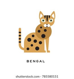 Purebred bengal cat. Cartoon domestic animal with cute rounded muzzle, brown-spotted body and green eyes. Flat vector design for zoo store or vet clinic