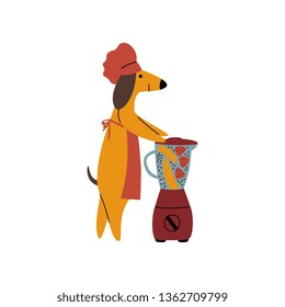 Purebred Brown Dachshund Dog Making Healthy Smoothie Using Mixer, Funny Playful Pet Animal Cartoon Character Vector Illustration