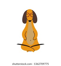 Purebred Brown Dachshund Dog Wearing Glasses Sitting on Floor and Reading Book, Funny Playful Pet Animal Cartoon Character Vector Illustration