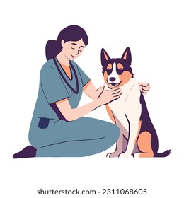 Purebred dog sitting, vet smiling with happiness icon isolated